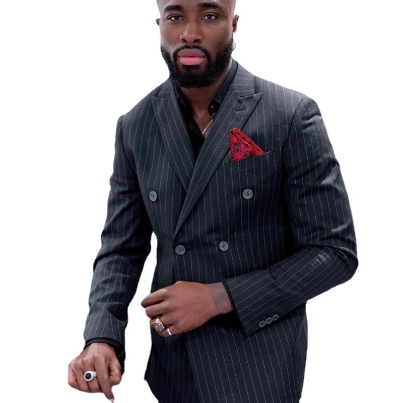 Stripe Peak Lapel Men Suits Double Breasted Slim Fit Wedding Tuxedos for Groom Party Prom Slim Fit African Blazer 2 Pieces