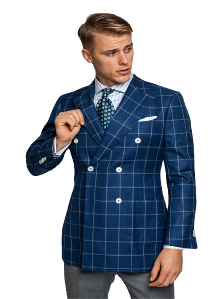 Costume Homme 1-piece Blue Blazer Men Suits Custom Made Plaid Double-breasted Cotton Blend Fit Slim Party Formal Business Wear