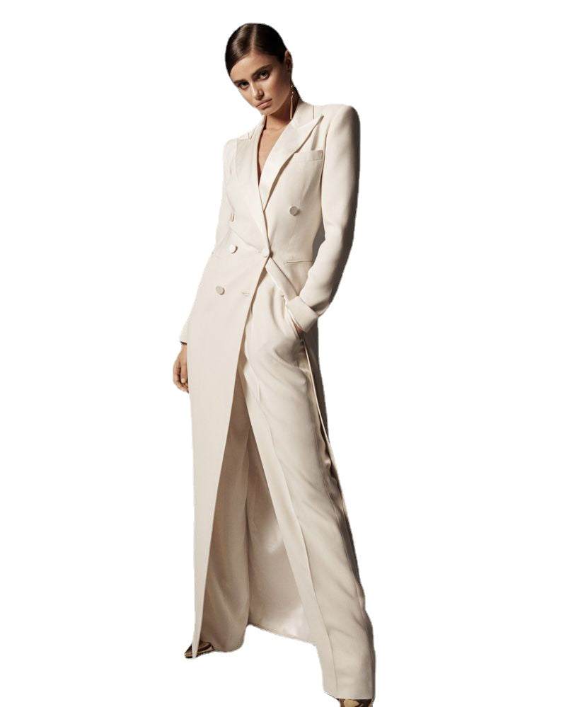 White Double Breasted Long Blazer Women Suits Set Designer Wide Leg Pants 2 Pieces