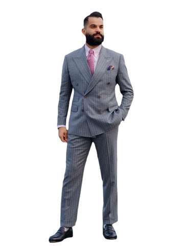 Grey Pinstripe Men Suits Groom Wedding Peaked Lapel Tuxedo Double Breasted 2 Piece Jacket Pants Set Office Blazer Costume Homme