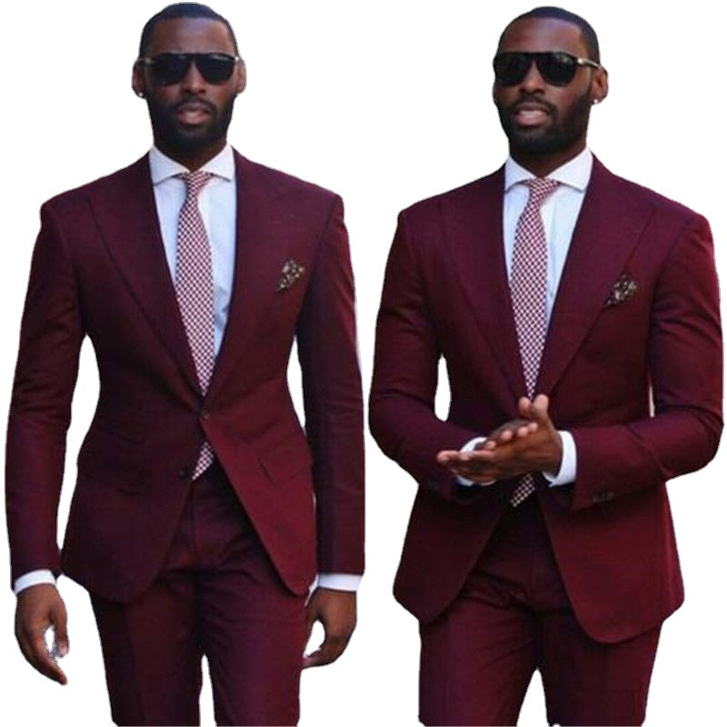 Wine Red Men Suits 2Pieces(Jacket Pant Tie) Slim Fit Blazer Formal Prom Terno