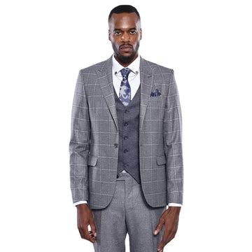 Gray Men Suits Tailor-Made 3 Pieces Blazer Vest Pants Plaid Stripes One Button Peaked Lapel Business Wedding Plus Size Tailored