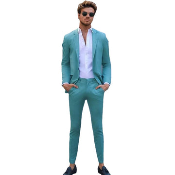 Teal Slim Fit Prom Suits Notched Lapel Groomsmen Tux Beach Wedding Tuxedos Men Blazers One Button Formal Suit