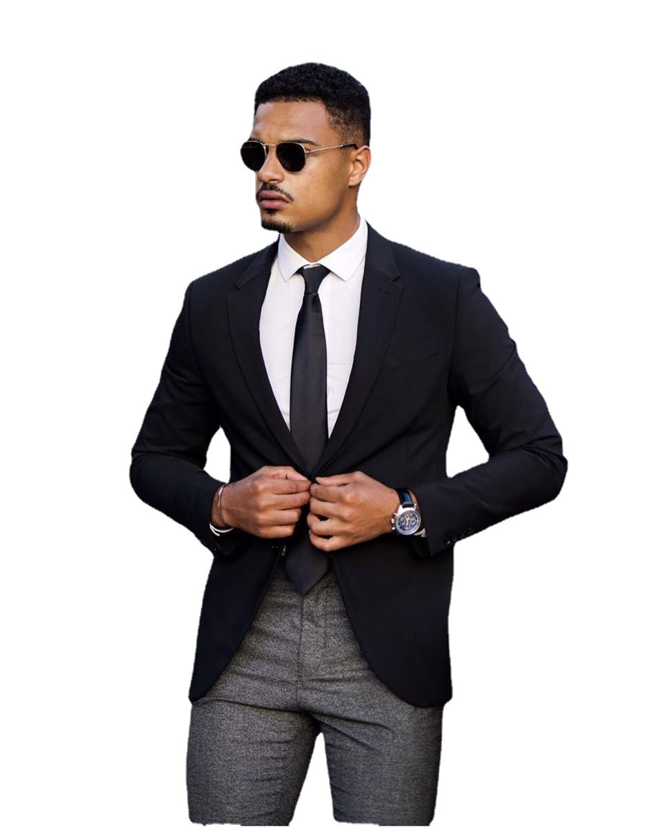 Casual Black Jacket Grey Pant Men Suits Wedding Tuxedos Groom Business Party Prom Best Men Blazer Slim Fit 2 Pieces