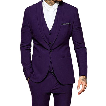 Slim fit Purple Casual Suits 3 piece Groomsmen Tuxedo with Shawl Lapel Man Costume Wedding Set Jacket Vest Pants