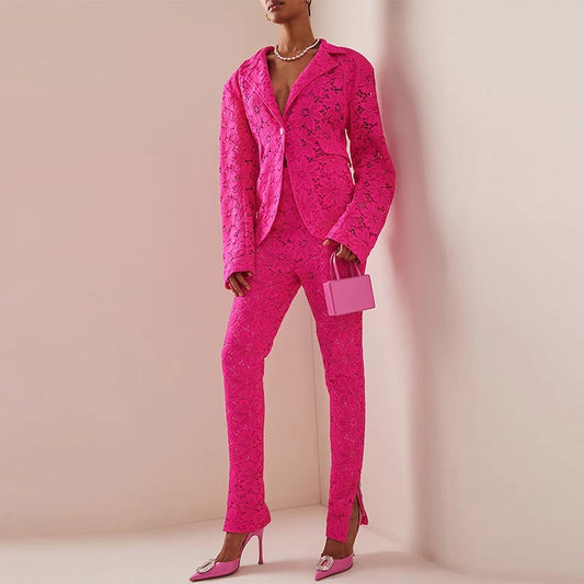 Sharp Pink Lace Pattern Floral Pantsuit, Designer Woman Suit Set, Blazer+ Pants with Inner