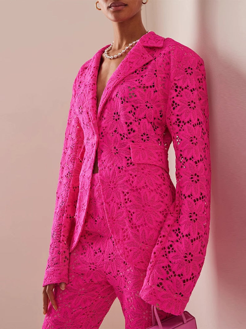 Sharp Pink Lace Pattern Floral Pantsuit, Designer Woman Suit Set, Blazer+ Pants with Inner