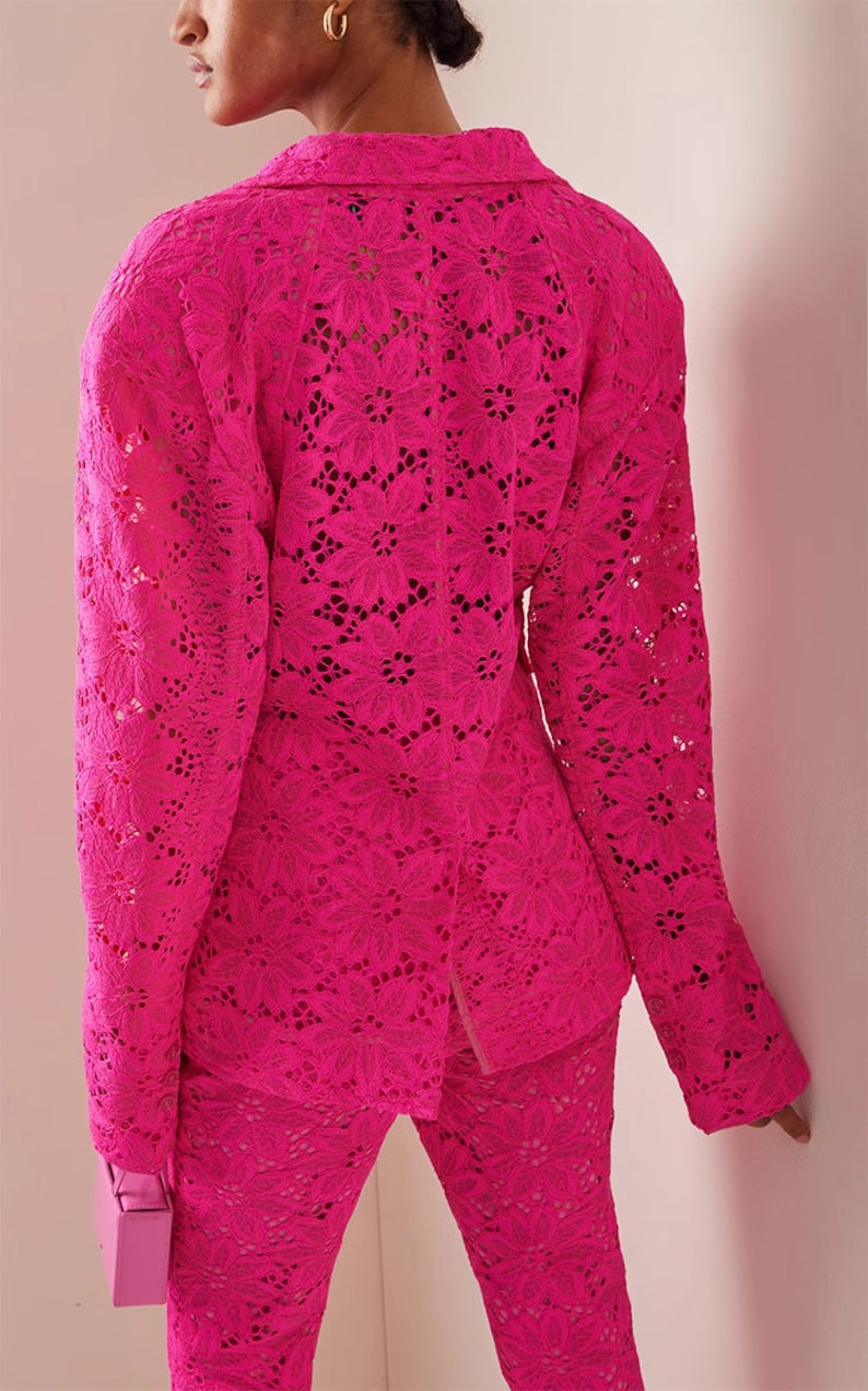 Sharp Pink Lace Pattern Floral Pantsuit, Designer Woman Suit Set, Blazer+ Pants with Inner