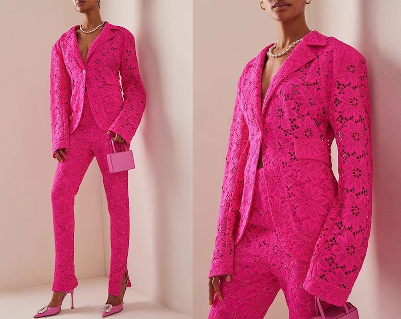 Sharp Pink Lace Pattern Floral Pantsuit, Designer Woman Suit Set, Blazer+ Pants with Inner